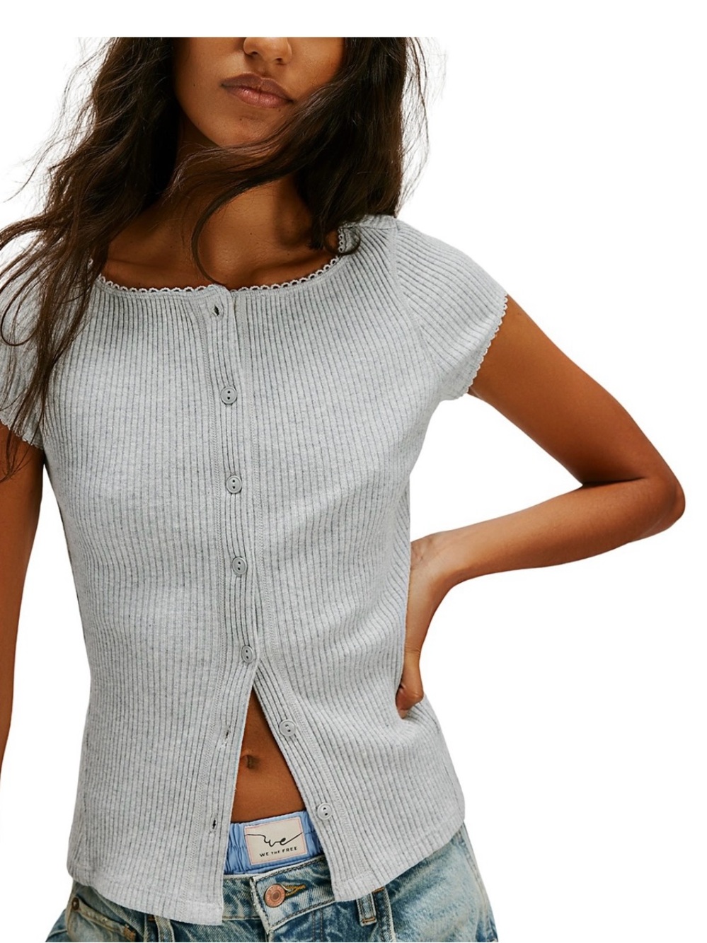 Free People Light Gray Ribbed Lace-Trim Cardigan